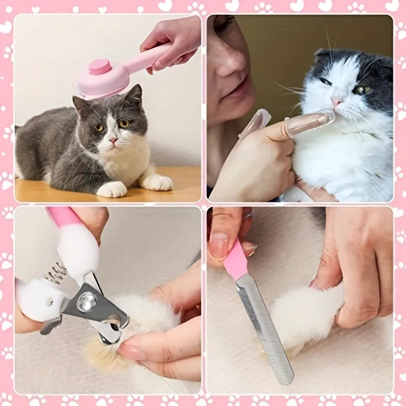 8-Piece Cat Grooming Kit with Pet Nail Clippers, Files, Self-Cleaning Brush, Flea Comb, Shampoo Bath Brush, and Shedding Tools