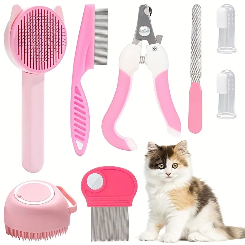 8-Piece Cat Grooming Kit with Pet Nail Clippers, Files, Self-Cleaning Brush, Flea Comb, Shampoo Bath Brush, and Shedding Tools